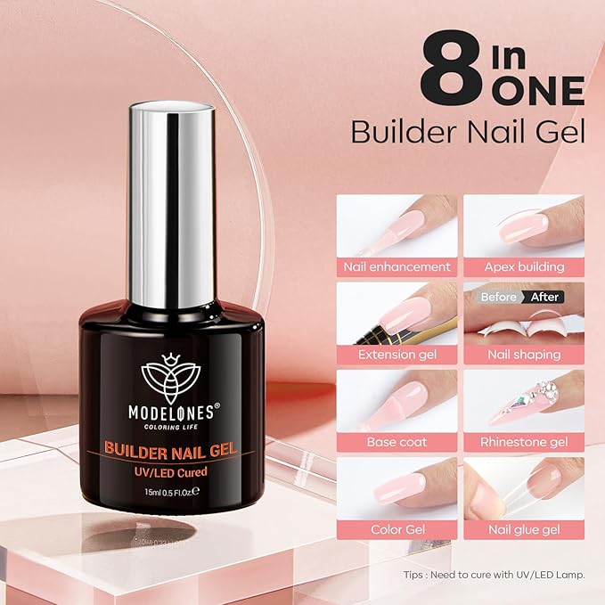 modelones Builder Nail Gel, 8-in-One Barely Pink Builder, Sheer Pink Rubber Base Gel Polish, LED Lamp Cured Color Base Hardener Strengthener Apex Building Extension for Girls DIY Salon Home-VivaGrace Women