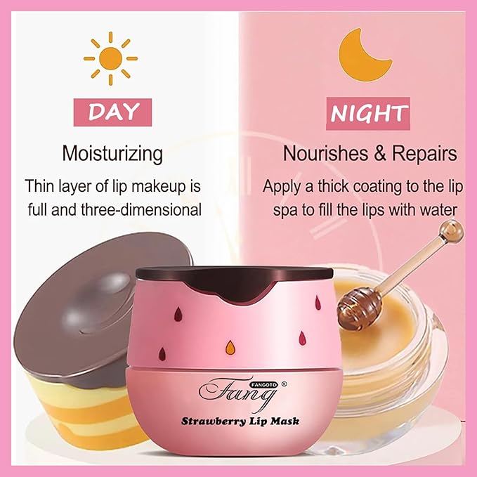 1 PCS Bee Lip Balm Lip Mask Honey Pot, Strawberry Moisturizing Sleeping Lip Mask Overnight with Sticks, Lip Balm Honey Pot Lip Balm Hydrating Prevention Dry and Crack Lip Scrubs Exfoliator-VivaGrace Women