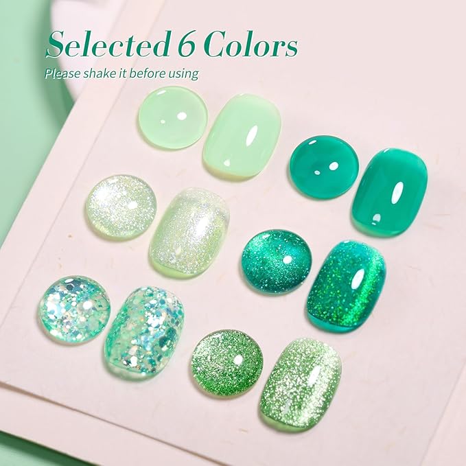 Born Pretty Gel Nail Polish Green Series,Jelly Transparent Gel Nail Polish, Cat Magnetic Eye,Shimmer Glitter Holographic Green Gel Polish Kit for Salon Manicure and Nail Art DIY at Home 6PCS 7ml-VivaGrace Women
