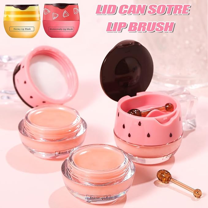 3 PCS Bee Lip Balm Honey Pot, Honey&Strawberry&Watermelon Lip Sleeping Mask Hydrating Prevention Dry and Cracked Lip Scrubs Exfoliator Lip Care, Overnight Lip Mask Reduces Lip Lines-VivaGrace Women