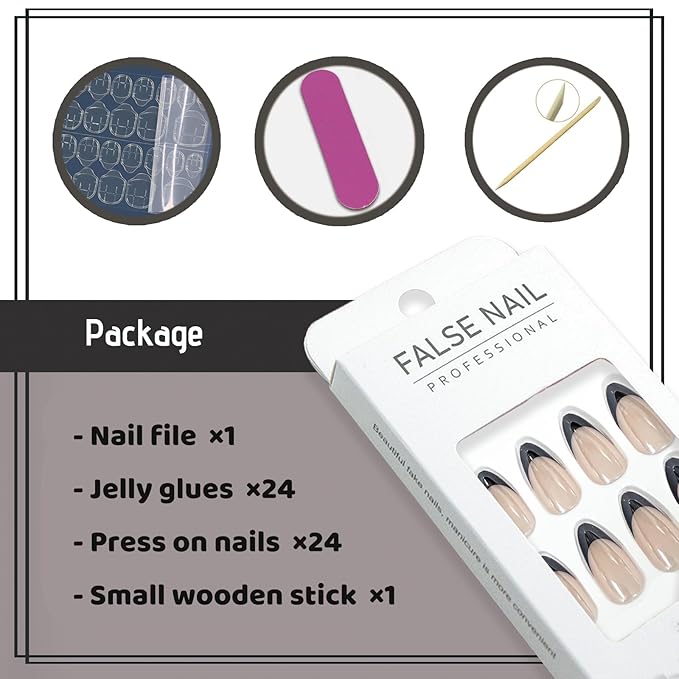 Medium Fake Nails Almond Press on Nails with Chrome Designs French Tip Glue on Nails Black Glossy False Nails for Women and Girls