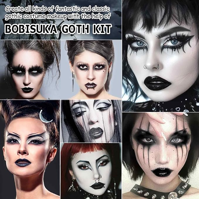 Halloween Goth Makeup, Complete Goth Make Up Set with White Foundation, Black Lipstick, Dark Smokey Eyeshadow Kit for SFX Gothic Makeup, Cosplay, Costume Party, Theater and Film-VivaGrace Women
