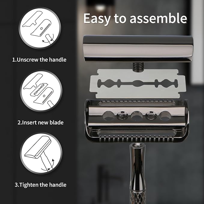 Shiny Gun Black Double Edge Safety Razor, Single Blade Razors for Men and Women, with 10 Stainless Steel Safety Razor Blades, Reusable, Smooth and Close Wet Shaving Kit, Plastic Free-VivaGrace Women