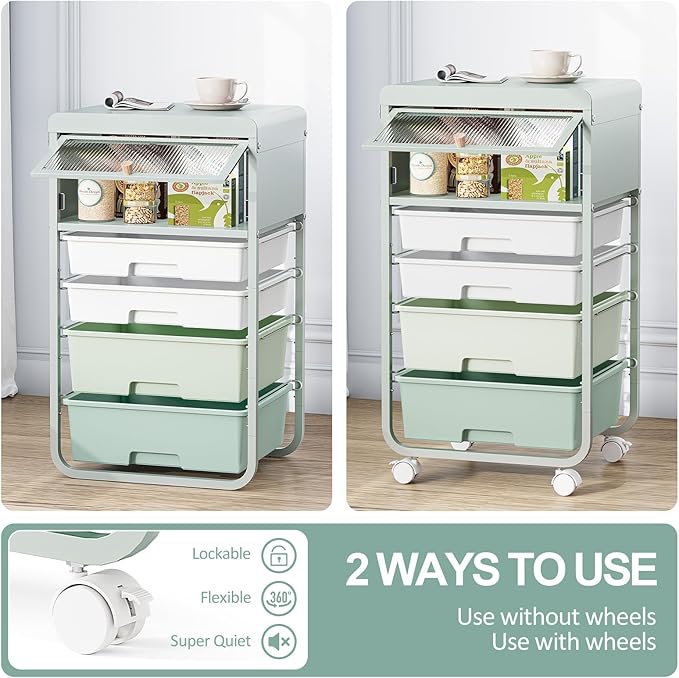 Utility-Rolling-Storage-Drawer-Craft-Cart-Organizers with 4 Drawers & Dust-proof Door for Kid Craft Art Room,Bedroom,Home Office, 4 Tiers Drawer cart, Green-VivaGrace Women
