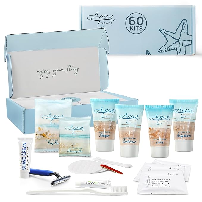 Aqua Organics Amenity & Accessory Kit|1oz Travel Size Shampoo,Conditioner,Lotion,Body Wash,Body Bar, Cleansing Bar, Shave & Dental Sets, Make-Up Remover Wipes & Vanity Kit|60 sets-VivaGrace Women