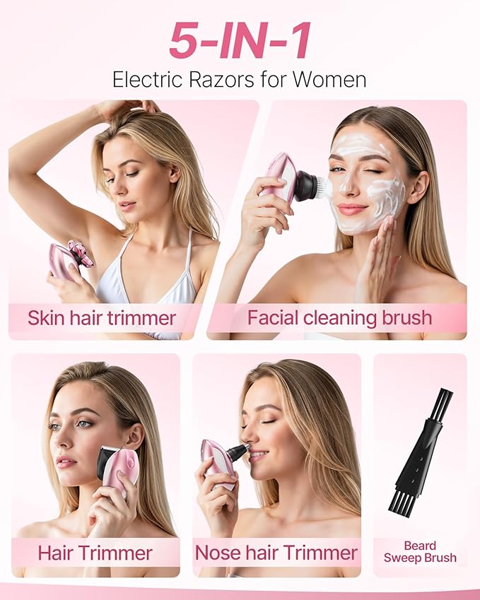 Electric Razors for Women, 5-in-1 Rechargeable Body Shaver - Waterproof Wet Dry Hair Remover - Trimmer for Lady Face Underarms Legs (Pink)-VivaGrace Women