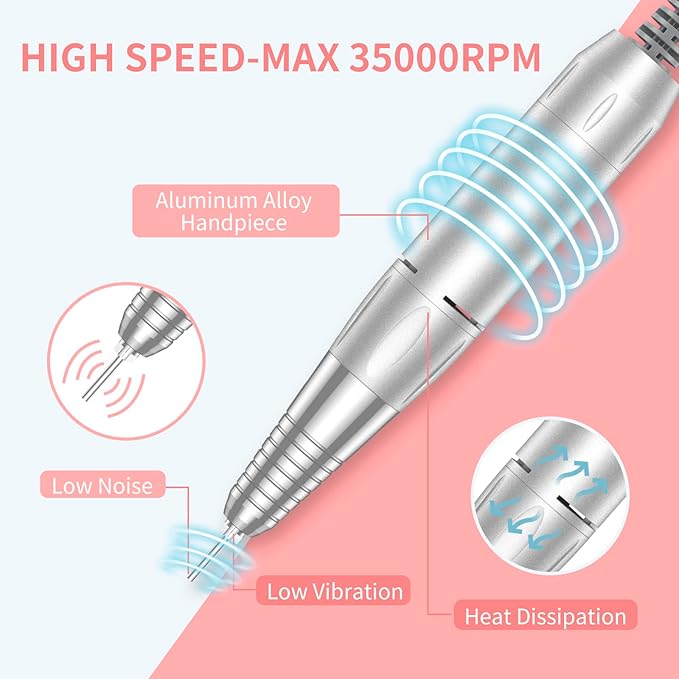Portable Nail Drill Professional 35000 RPM, MOCOWIND Rechargeable Electric Nail File Machine for Acrylic Nails Gel Polishing Removing, Cordless E-File with Bits Kit for Manicure Salon Home, White-VivaGrace Women