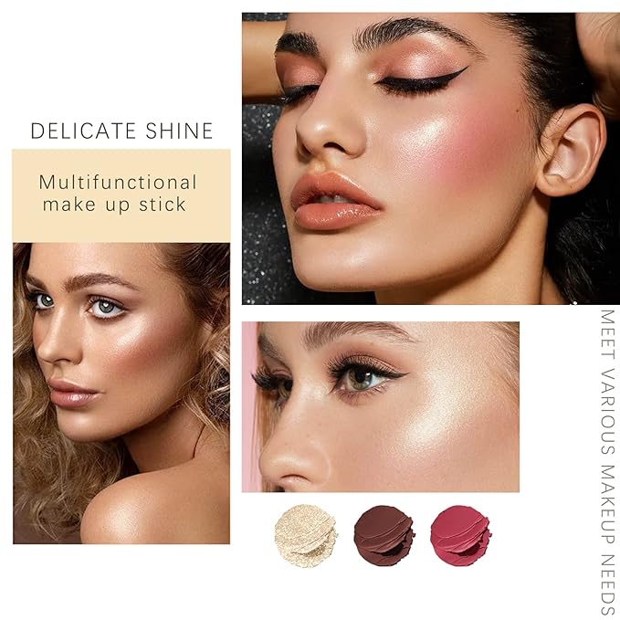 3 Colors Highlilghter Contour Blush Sticks Creamy Sticks for Cheeks, Eyes Cosmetics Stick Set, 3 in 1 Long Lasting Waterproof Moisturizer Makeup Sticks for All Skin-VivaGrace Women