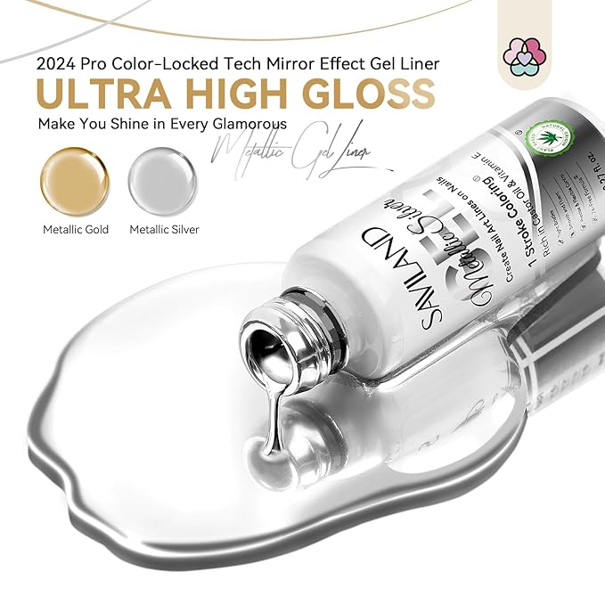 SAVILAND Metallic Gel Liner Nail Art: 2PCS Silver & Gold Metallic Gel Nail Polish Chrome 3D Effect Mirror Gels Polish Build in Thin Brush Metal Painting Gels Nails Design for Salon Home DIY