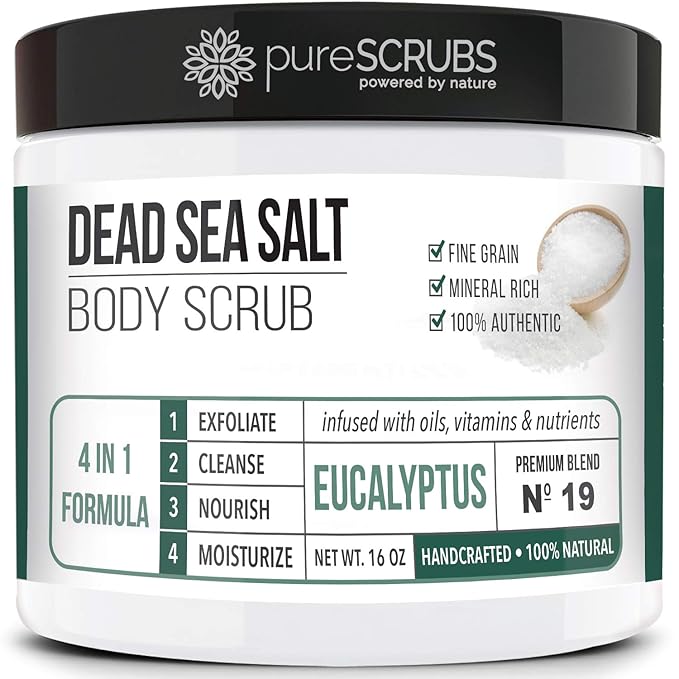 pureSCRUBS Premium Eucalyptus Body Scrub Set - Large 16oz Dead Sea Salt Body Scrub With Infused Essential Oils & Nutrients, Includes Wooden Spoon, Loofah & Oatmeal Exfoliating Bar Soap-VivaGrace Women