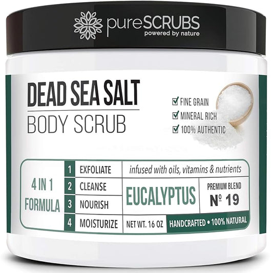 pureSCRUBS Premium Eucalyptus Body Scrub Set - Large 16oz Dead Sea Salt Body Scrub With Infused Essential Oils & Nutrients, Includes Wooden Spoon, Loofah & Oatmeal Exfoliating Bar Soap-VivaGrace Women