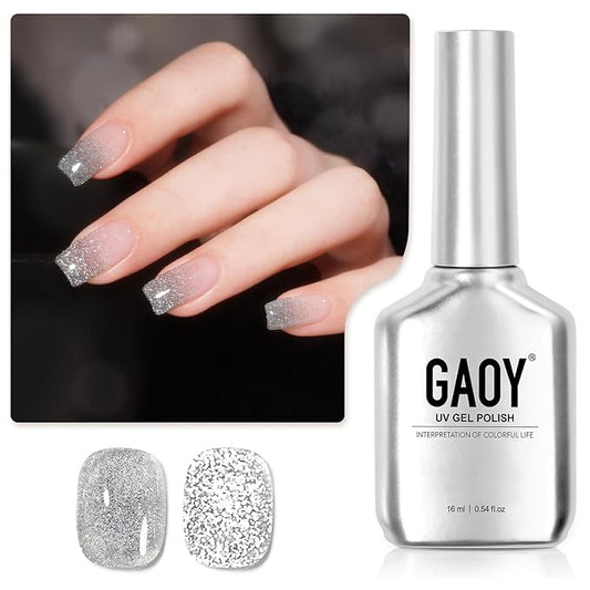 GAOY Glitter Gel Nail Polish, 16ml Silver Reflective Gel Polish, Sparkle Diamond Flash Soak Off UV Gel for Nail Art, 1202