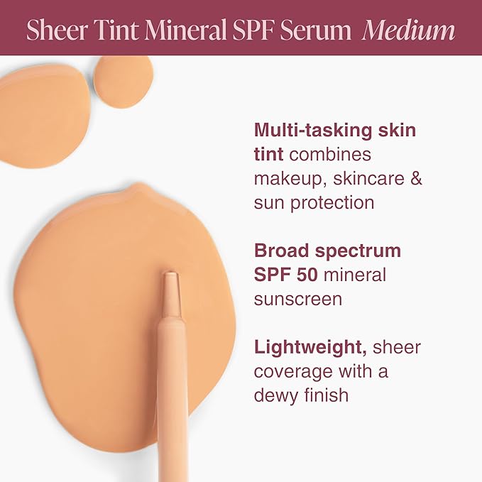 Mineral Fusion Face Serum, Sheer Tint Mineral SPF Serum, 1 Fl Oz, Medium, Tinted Broad Spectrum SPF 50 Mineral Sunscreen, Sheer Coverage, Lightweight & Dewy Finish for Glowing, Protected Skin-VivaGrace Women