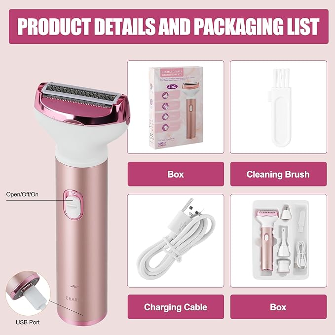 Women Face Epilator, 4-in-1 Body Shaver and Facial Epilator, Hair Removal for Faces, Rechargeable Electric Facial Hair Removal Devices for Face, Armpits, Eyebrows, Nose-VivaGrace Women