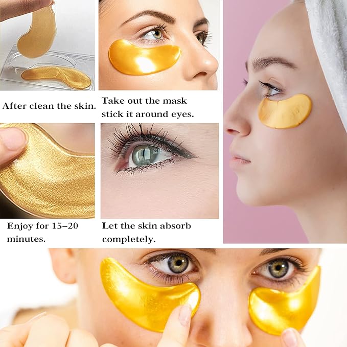 30 Pairs 24K Gold Under Eye Patches,Crystal Collagen Under Eye Mask,Puffy Eyes and Dark Circles Treatments,Moisturising&Hydrating Under Eye Patch Pads for Reducing Fine Lines Eye Bags(Gold)-VivaGrace Women