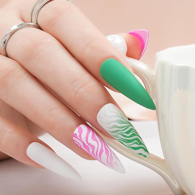 Extra Long Press on Nails XXL Pink and Green, Jofay Fashion Fake Nails with Designs, False Nails with Glue, Stick on Nails for Women Girls, Natural & Reusable, Acrylic Nail Tips, Alps, 24pcs