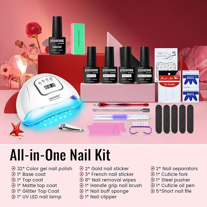 JODSONE Gel Nail Polish Kit with U V Light 32 Colors Gel Polish Nail + 4 Functional Adhesive Bottles Kit Soak Off Manicure Tools Gifts for Women-VivaGrace Women