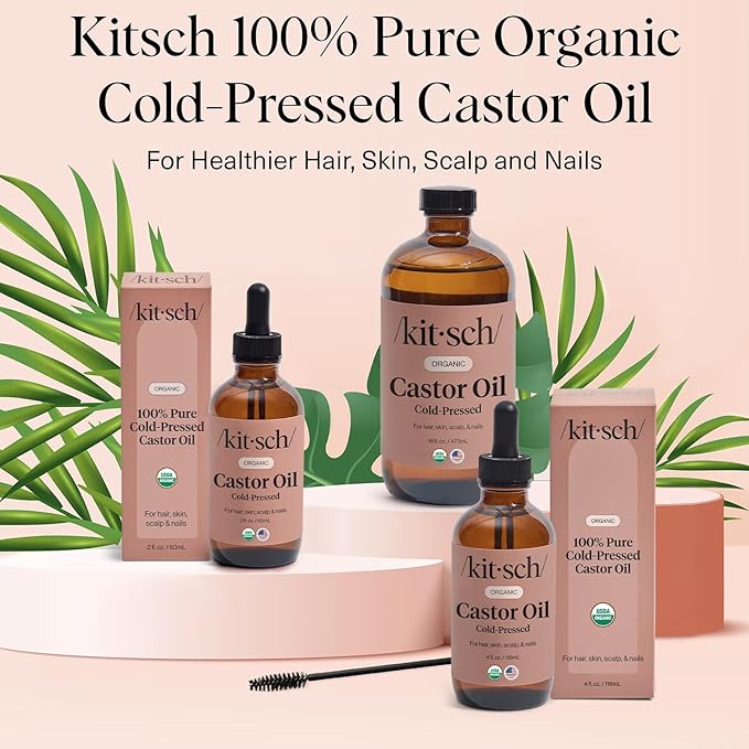 Kitsch Organic Castor Oil for Hair Growth - 100% Pure Castor Oil, Organic Cold Pressed Unrefined Glass Bottle for Face, Skin, Lashes, Brows, Scalp, Nails & Belly Button - Hexane Free, USDA - 16 oz-VivaGrace Women