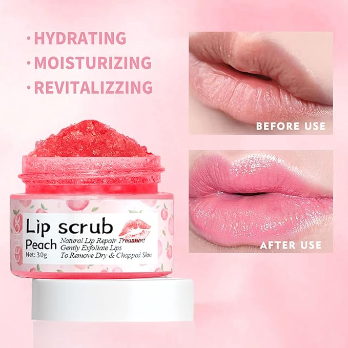 Lip Scrub, Lip Scrubs Exfoliator & Moisturizer,Lip Scrub for Dark Lips,Natural Sugar Lip Scrub with Lip Brush,Repair Cracked Lips,Chapped Lips (Peach)-VivaGrace Women