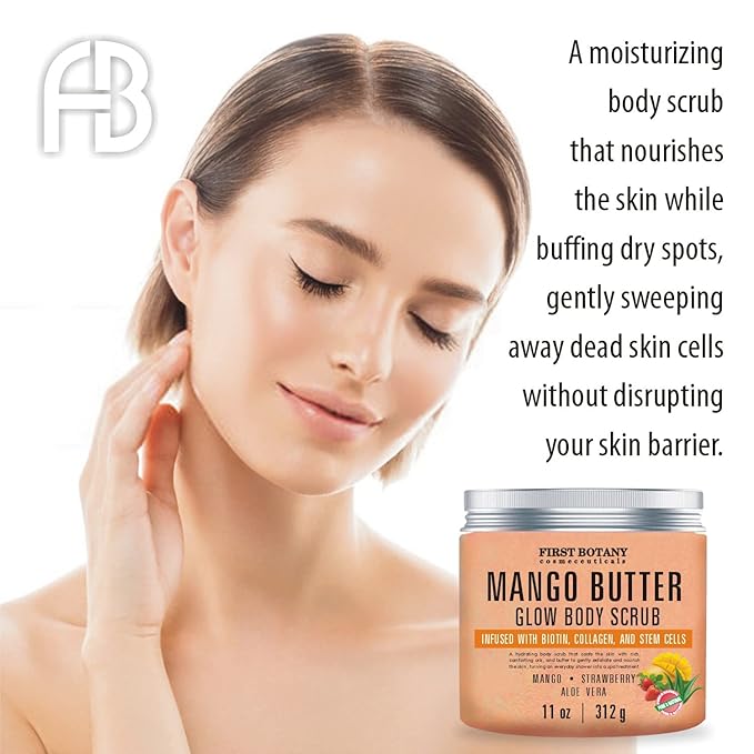Mango Butter Body Scrub Exfoliator Biotin, Collagen, Stem Cells - Natural Exfoliating Salt Scrub & Body and Face Souffle helps with Moisturizing Skin, Acne, Cellulite, Dead Skin Scars, Wrinkles- 11 oz-VivaGrace Women