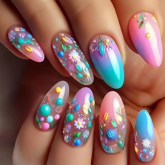 Almond Press on Nails Colorful Flower Fake Nails Cute Spring False Nails for Women Full Cover Stick on Nails Reusable Acrylic Nails Medium Length Fake Nails Manicure Decor 24Pcs