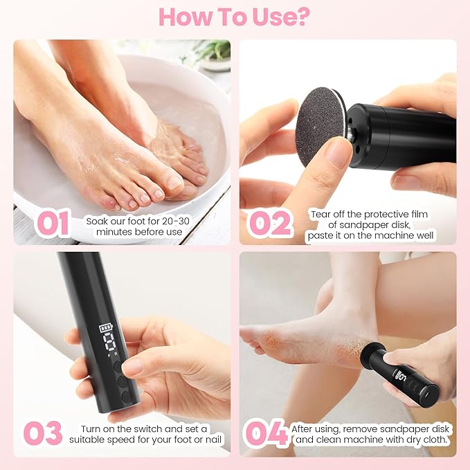 Electric Callus Remover for Feet, Rechargeable Professional Electronic Foot File Nail Grinder,9 Adjustable Speed Foot Sander Scrubber Pedicure Tool for Dry Dead Skin with Sandpaper Discs (Black)-VivaGrace Women