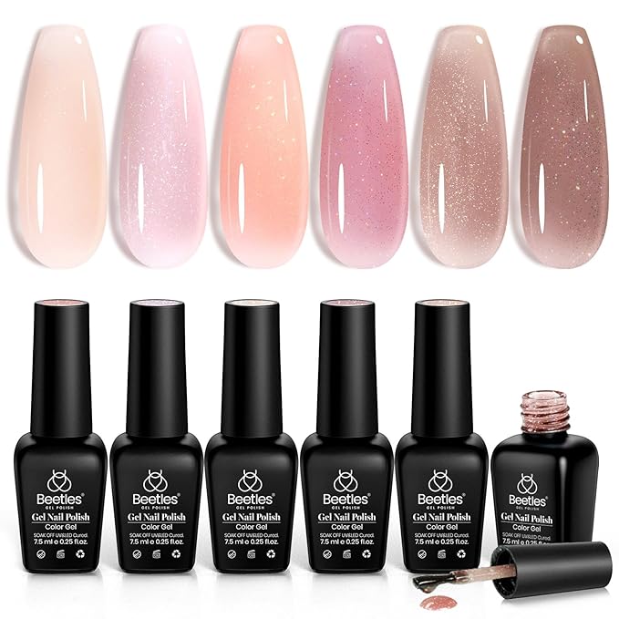 Beetles Jelly Gel Nail Polish Set - 6 Colors Nude Pink Brown Shimmer Giltter Fall Gel Polish Kit Sheer Transparent Effect Soak Off UV Lady with Dreams Collection Gift for Women-VivaGrace Women