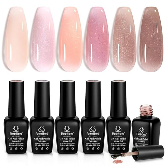 Beetles Jelly Gel Nail Polish Set - 6 Colors Nude Pink Brown Shimmer Giltter Fall Gel Polish Kit Sheer Transparent Effect Soak Off UV Lady with Dreams Collection Gift for Women-VivaGrace Women