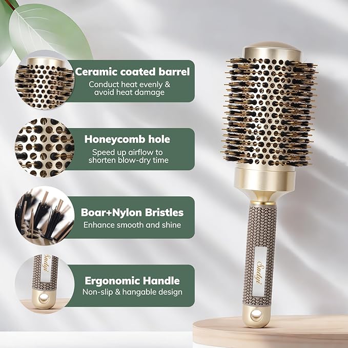 Round Brush for Blow Drying, Nano Thermal Ceramic & Ionic Tech Hair Brush with Boar Bristles, Professional Barrel Brush for Styling,Curling and Straightening by Sndyi (3.3 Inch, 2.1 Inch)-VivaGrace Women