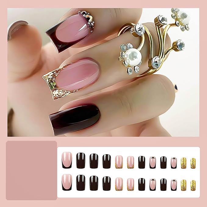 Medium Square Press on Nails French Tip Fake Nails Gold Glitter False Nails with Rhinestones Designs Sparkly Glue on Nails Acrylic Artificial Nails Cute Stick on Nails for Women 24Pcs