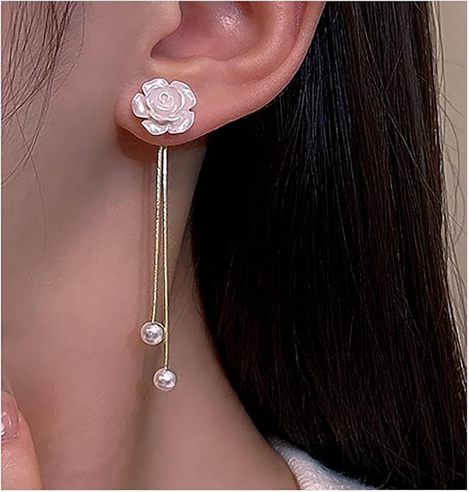 Vintage Flower Pearl Drop Earrings Long Tassel Pearl Earrings White Camellia Stud Earring Gold Pearl Chain Dangle Earrings Jewelry for Women-VivaGrace Women