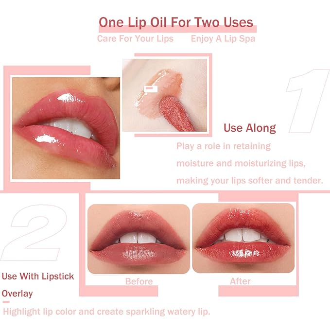 Plumping Lip Oil, Moisturizing Lip Glow Oil, Long Lasting Nourishing Lip Gloss Lip Balm, Non-sticky Transparent Toot Lip Oil Tinted for Lip Care and Dry Lip - Transparent-VivaGrace Women