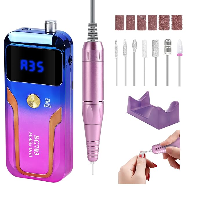 Portable Nail Drill Professional 35000 RPM, MOCOWIND Rechargeable Electric Nail File Machine for Acrylic Nails Gel Polishing Removing, Cordless E-File with Bits for Manicure Salon Home, Blue & Purple-VivaGrace Women