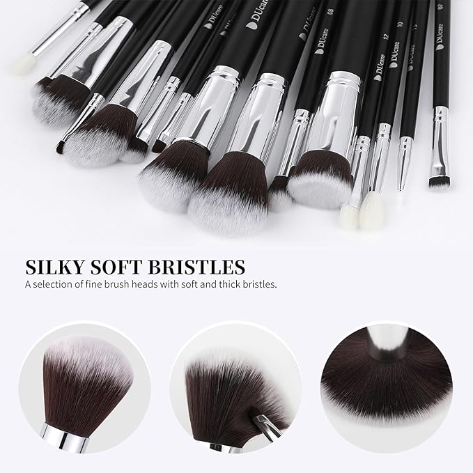 DUcare Makeup Brushes with Bag,15Pcs Makeup Brush Set Christmas Gift Travel Kabuki Foundation Blending Blush Eyeliner Shadow Brow Concealer Brushes Kit Black-VivaGrace Women