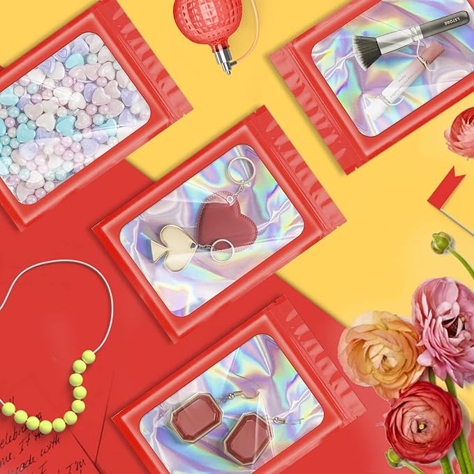 ANZNKU 100 Pcs Smell Proof Mylar Resealable Bags, Holographic Packaging Bags, Resealable Odor Foil Pouch Zip Bags with Clear Window for Food Storage and Lipgloss, Jewelry Lash (Red, 3.9 x 7.1 Inch)-VivaGrace Women