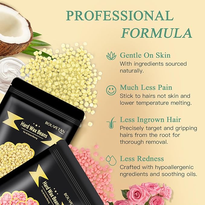 Hard Wax Beads for Hair Removal, Bouvetan 1.3Lb/21oz Wax Beans for Brazilian Waxing, Eyebrow, Face, Bikini, Legs, Arms for Women Men Hair Removal with 10pcs Sticks, 6 Packs-VivaGrace Women