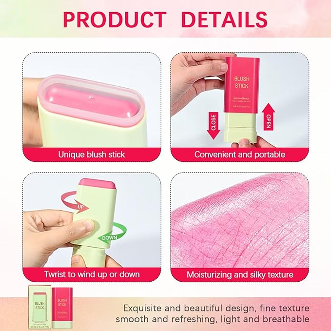 Multi-Use Makeup Blush Stick,Beauty Solid Moisturizer Stick,Waterproof Natural Nude Makeup,Tinted Solid Moisturizer Stick for Eyes Lips Cheek(2#Hot Red)-VivaGrace Women