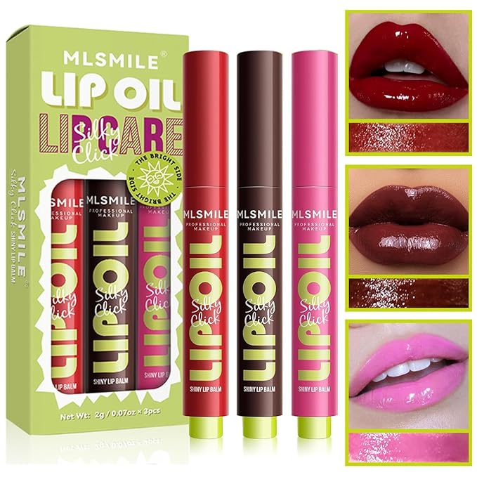 3 Colors Fat Lip Oil Click Slick, Moisturizing and Long-lasting Lip Balm, Non-stick and High Pigment Lip Glow Oil, Lightweight Lip Plumper with Coconut Oil (Set: C)-VivaGrace Women