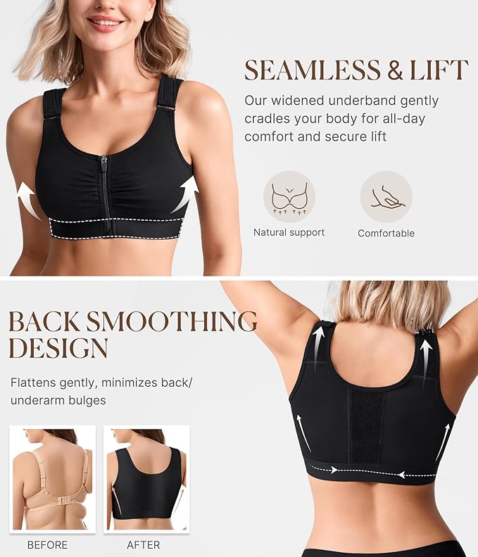 BRABIC Zip Front Closure Everyday Bra for Women Post Surgery Compression Support with Adjustable Straps Wirefree-VivaGrace Women