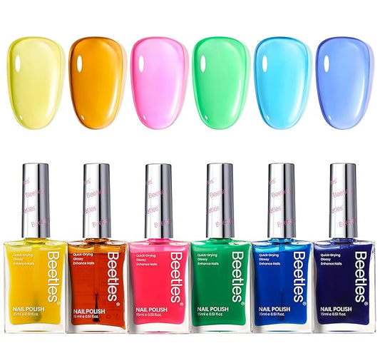 Beetles Neon Nail polish Set, 6 Jelly Colors Bright Rainbow Nail Polish Kit Quick Dry Summer Finger Nail Polish Glossy Shine Nail Lacquer Polish Long Lasting Syrup Nails Nail Polish Gifts for Women
