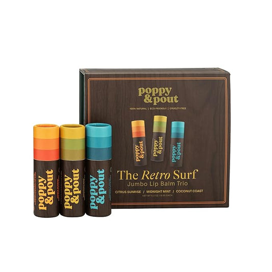 Jumbo Lip Balm Gift Set (3-Pack, Retro Surf) | Poppy & Pout All Natural Lip Balms & Moisturizers | Hydrates with Beeswax, Vitamin E, Organic Coconut Oil | Cruelty-Free | Recyclable Cardboard Tube-VivaGrace Women