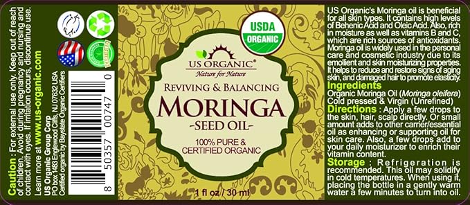 US Organic Moringa Oil, USDA Certified 100% Pure, Cold Pressed & Unrefined Non GMO, Vegan Oil, Natural Moisturizer for Skin, Face, Body, Hair, Good for Hair Growth, Fine Lines, Wrinkles (1 oz (30 ml))-VivaGrace Women