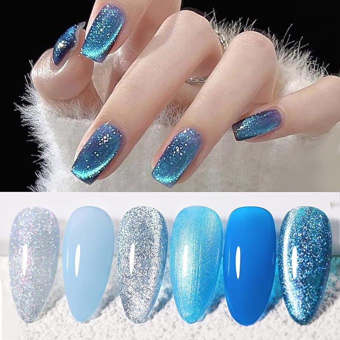 Born Pretty Gel Nail Polish Blue Series,Jelly Transparent,Cat Magnetic Eye,Shimmer Glitter Holographic Blue Gel Polish Kit for Salon Manicure and Nail Art DIY at Home 6Colors-VivaGrace Women