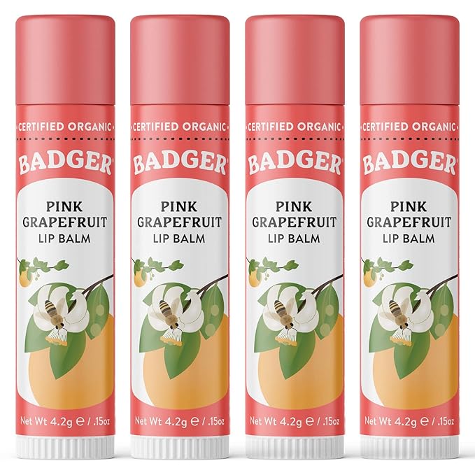 Badger - Classic Lip Balm, Pink Grapefruit, Made with Organic Olive Oil, Beeswax & Rosemary, Certified Organic, Moisturizing Lip Balm, 0.15 oz (4 Pack)-VivaGrace Women