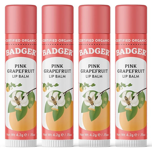Badger - Classic Lip Balm, Pink Grapefruit, Made with Organic Olive Oil, Beeswax & Rosemary, Certified Organic, Moisturizing Lip Balm, 0.15 oz (4 Pack)-VivaGrace Women