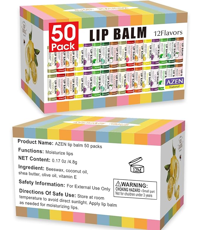 AZEN 50 Pack Lip Balm, Natural Lip Balm Bulk, Lip Care Product, Moisturizing Lip Balm for dry cracked lips-VivaGrace Women