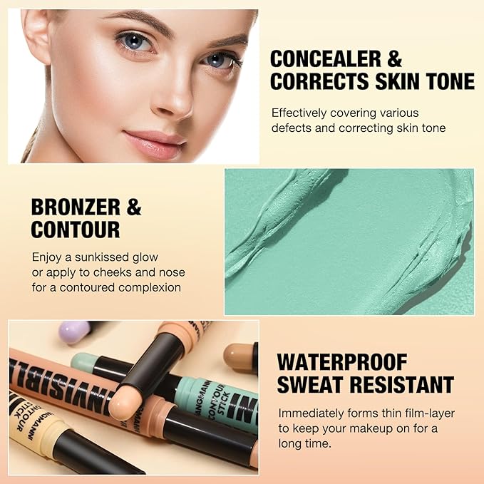 LANGMANNI Multi-Use Face Contour Stick,Highlighter & Concealer Stick, Combo Use For Correcting Color Balancing (#01+#02 Yellow+Green)-VivaGrace Women