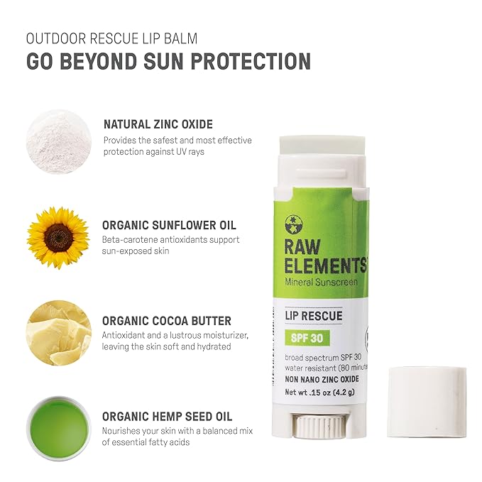 Raw Elements Organic Outdoor Sunscreen Lip Balm Rescue - SPF 30, UVA-UVB Protection, Reef-Safe, Non-Nano Zinc, Water Resistant, 0.15 oz (Pack of 1)-VivaGrace Women