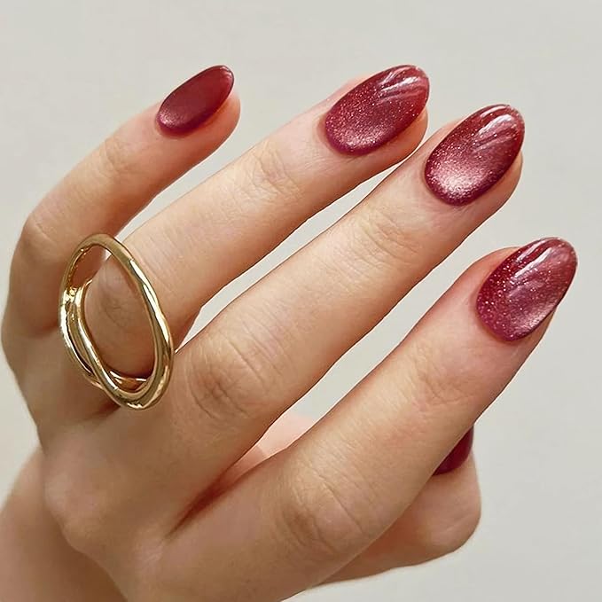 Press on Nails Oval - Burgundy Cat Eye Fake Nails Short Round Acrylic Full Cover Glue on Nails in 12 Sizes - 24 Piece Nail Kit，Natural Fit for Women & Girls Daily Wear