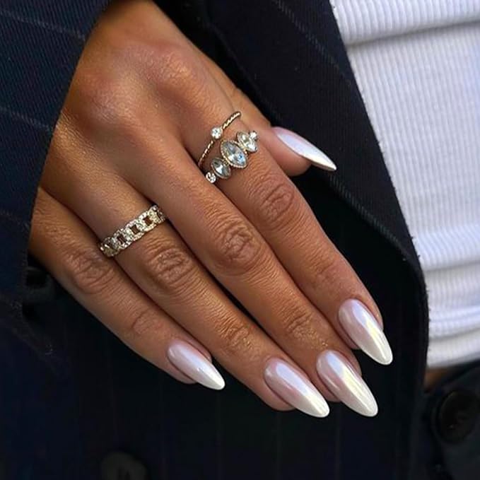 Chrome Fake Nails Almond Medium Press on Nails with Mirror Designs Glossy Ombre Nude False Nails Stick on Acrylic Nails for Women